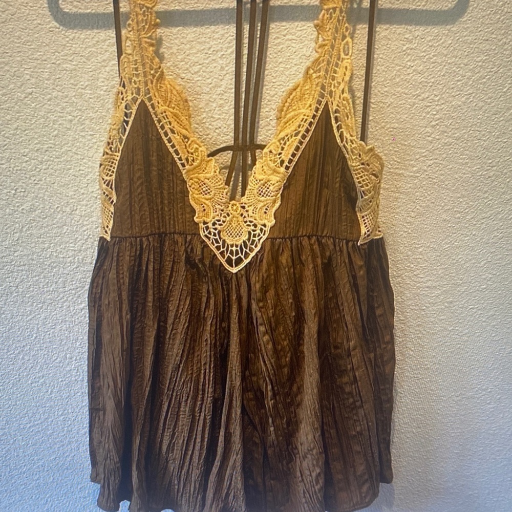 Free People Brown Camisole with Cream Crochet Trim